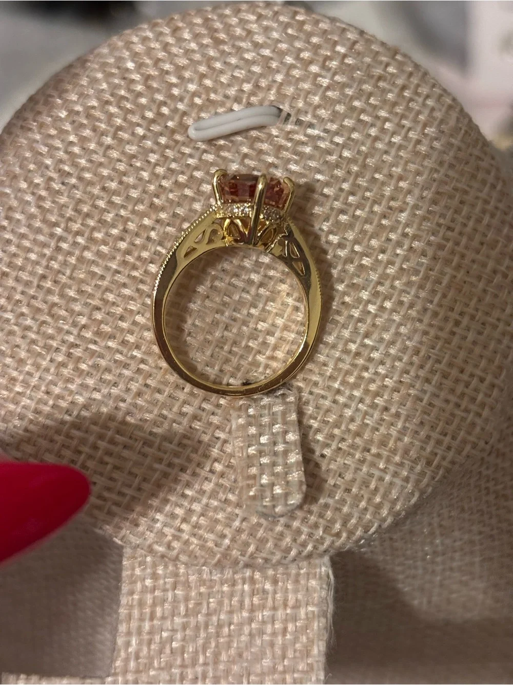 Gold Ring with pink Oval Gem and Pavé Accents